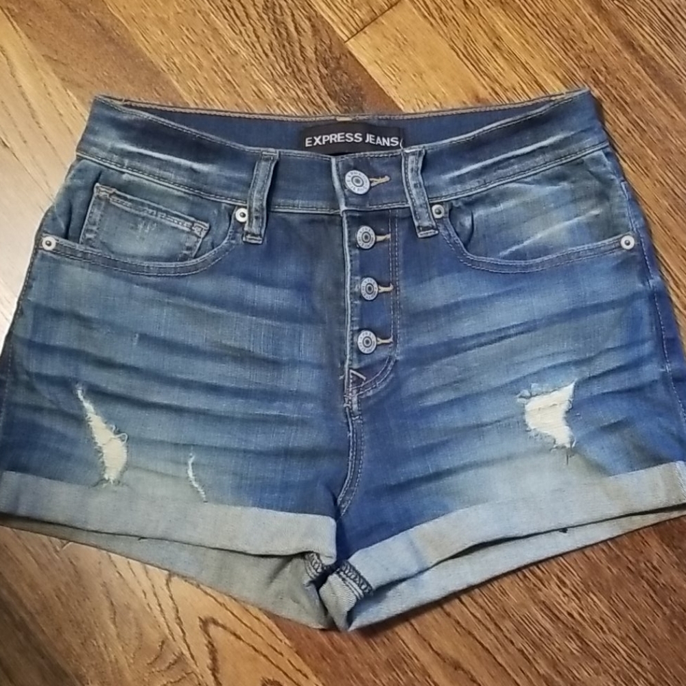 Distressed button fly Express shorts
